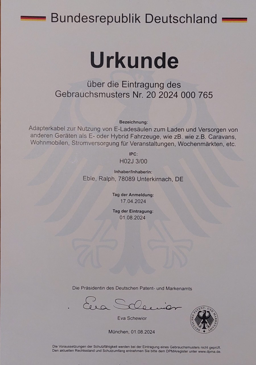 Certificaat van inschrijving van het Duitse gebruiksmodel nr. 20 2024 000 765 – adapterkabel voor gebruik van laadpalen